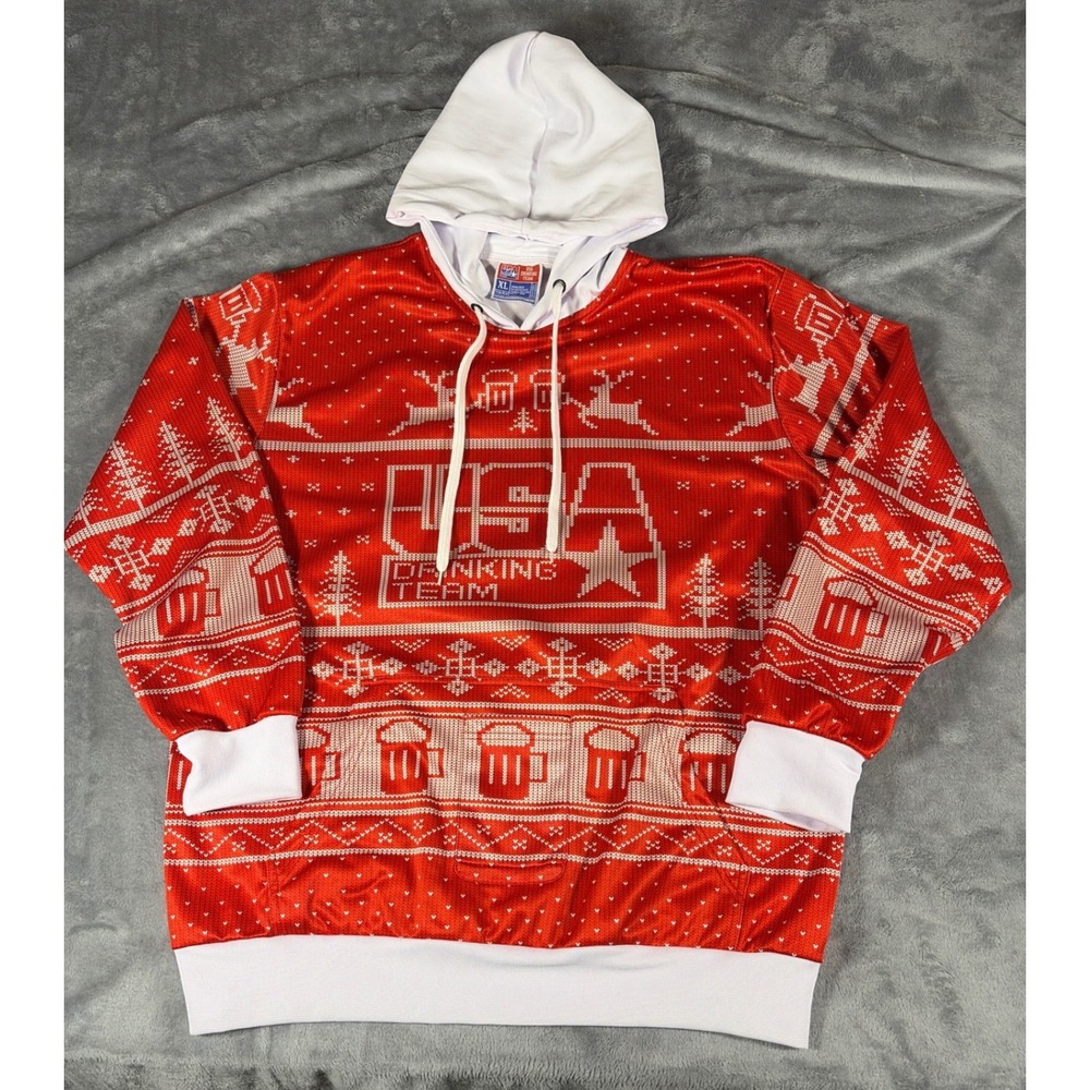 USA Drinking Team Mens XL Red Ugly Christmas Sweater Hoodie Beer Fair Isle Print